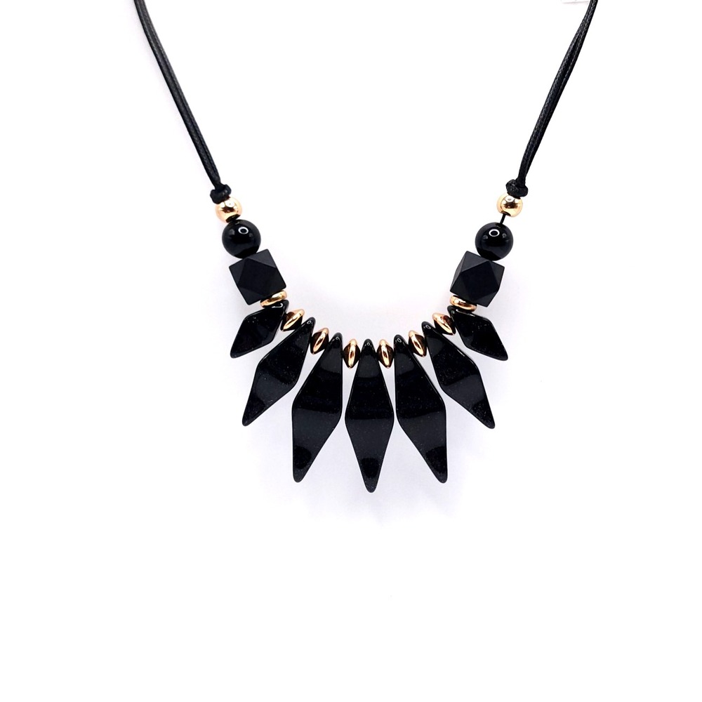 1946 Black Fan Bib Necklace Gold Tone Statement Jewelry